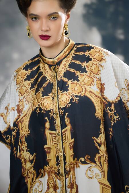 Rajdeep Ranawat_Black Silk, Modal, Satin Dakota Regal Print Kaftan Tunic And Draped Skirt Set _at_Aza_Fashions