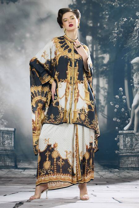 Buy_Rajdeep Ranawat_Black Silk, Modal, Satin Dakota Regal Print Kaftan Tunic And Draped Skirt Set 