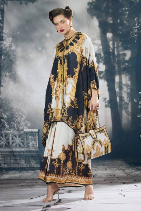 Shop_Rajdeep Ranawat_Black Silk, Modal, Satin Dakota Regal Print Kaftan Tunic And Draped Skirt Set 