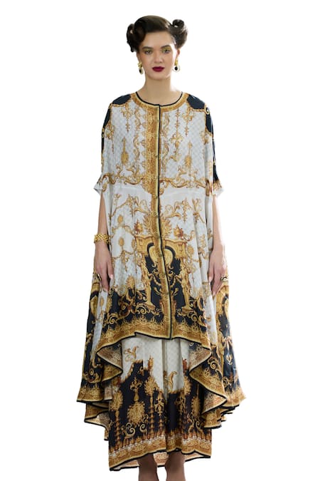 Rajdeep Ranawat_Black Modal, Satin Surilee Printed Cape And Draped Skirt Set _Online_at_Aza_Fashions