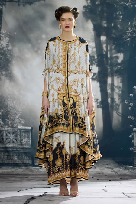 Buy_Rajdeep Ranawat_Black Modal, Satin Surilee Printed Cape And Draped Skirt Set _Online_at_Aza_Fashions