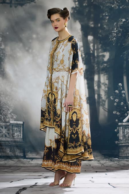 Shop_Rajdeep Ranawat_Black Modal, Satin Surilee Printed Cape And Draped Skirt Set _Online_at_Aza_Fashions
