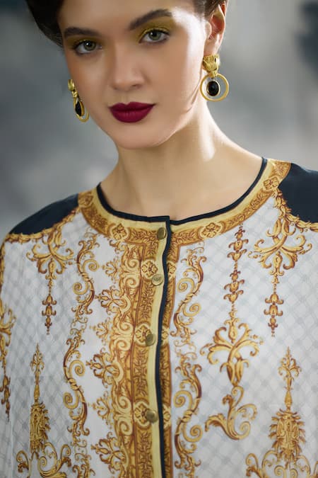 Buy_Rajdeep Ranawat_Black Modal, Satin Surilee Printed Cape And Draped Skirt Set 