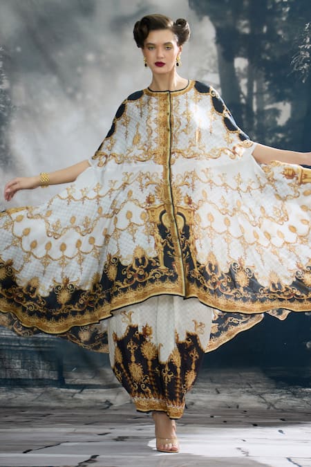 Shop_Rajdeep Ranawat_Black Modal, Satin Surilee Printed Cape And Draped Skirt Set 