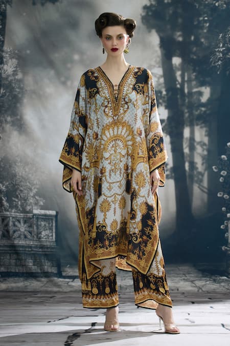 Buy_Rajdeep Ranawat_Black Silk, Modal, Satin Beads Plunge Ghufrina Regal Print Kaftan And Pant Set _Online_at_Aza_Fashions