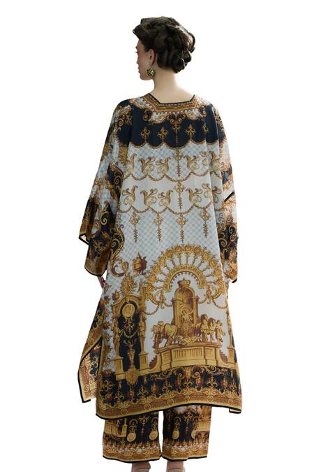 Shop_Rajdeep Ranawat_Black Silk, Modal, Satin Beads Plunge Ghufrina Regal Print Kaftan And Pant Set _Online_at_Aza_Fashions