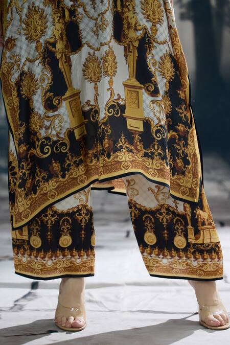 Rajdeep Ranawat_Black Silk, Modal, Satin Beads Plunge Ghufrina Regal Print Kaftan And Pant Set _at_Aza_Fashions