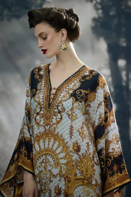 Buy_Rajdeep Ranawat_Black Silk, Modal, Satin Beads Plunge Ghufrina Regal Print Kaftan And Pant Set 
