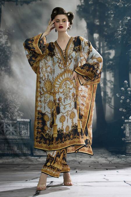 Shop_Rajdeep Ranawat_Black Silk, Modal, Satin Beads Plunge Ghufrina Regal Print Kaftan And Pant Set 
