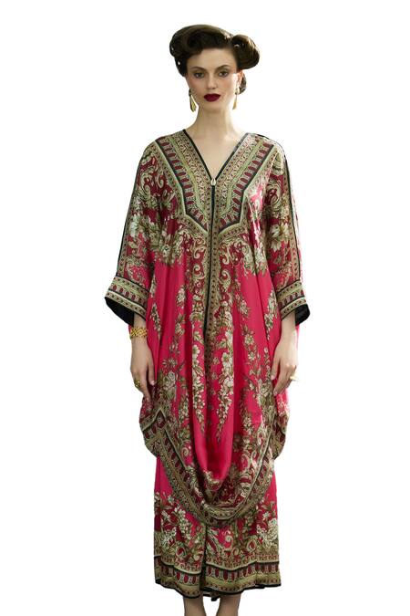 Rajdeep Ranawat_Fuchsia Modal, Silk Embroidery Dalilah Printed Draped Kaftan Tunic And Skirt Set _Online_at_Aza_Fashions