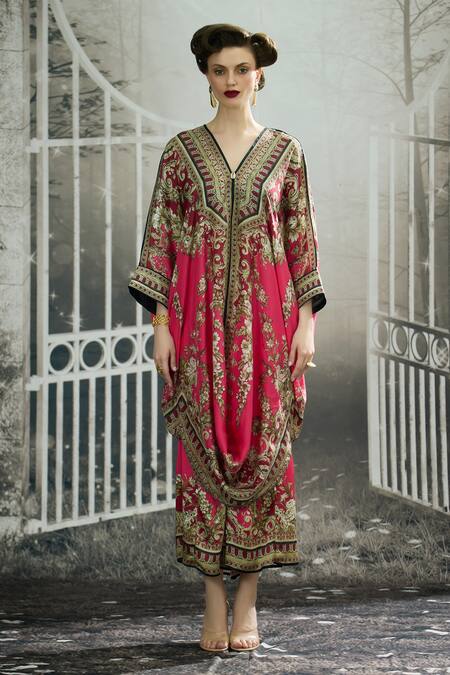 Buy_Rajdeep Ranawat_Fuchsia Modal, Silk Embroidery Dalilah Printed Draped Kaftan Tunic And Skirt Set _Online_at_Aza_Fashions