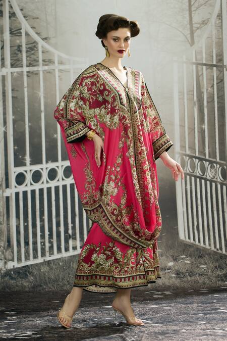 Shop_Rajdeep Ranawat_Fuchsia Modal, Silk Embroidery Dalilah Printed Draped Kaftan Tunic And Skirt Set _Online_at_Aza_Fashions