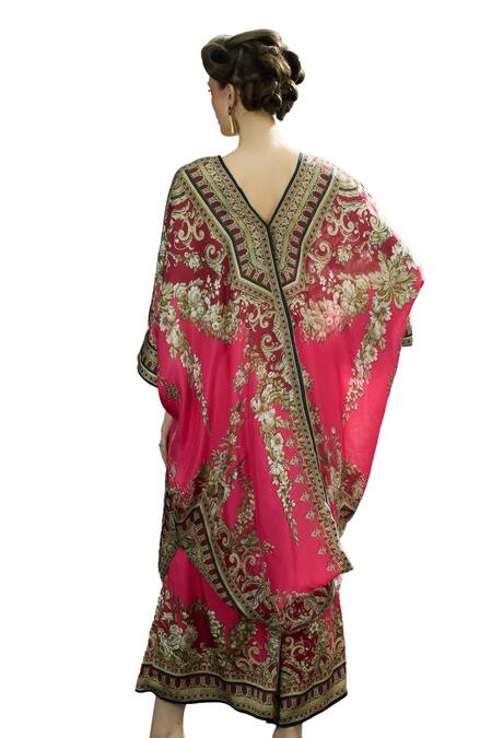 Rajdeep Ranawat_Fuchsia Modal, Silk Embroidery Dalilah Printed Draped Kaftan Tunic And Skirt Set _at_Aza_Fashions