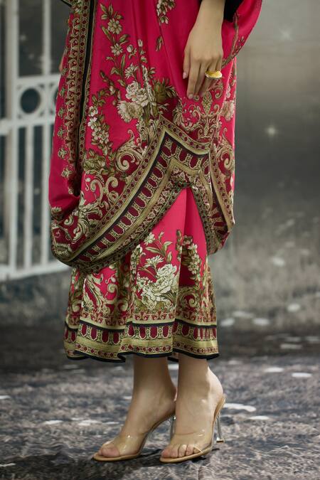 Buy_Rajdeep Ranawat_Fuchsia Modal, Silk Embroidery Dalilah Printed Draped Kaftan Tunic And Skirt Set 