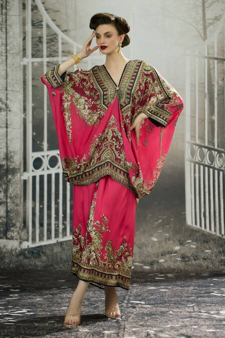 Shop_Rajdeep Ranawat_Fuchsia Modal, Silk Embroidery Dalilah Printed Draped Kaftan Tunic And Skirt Set 