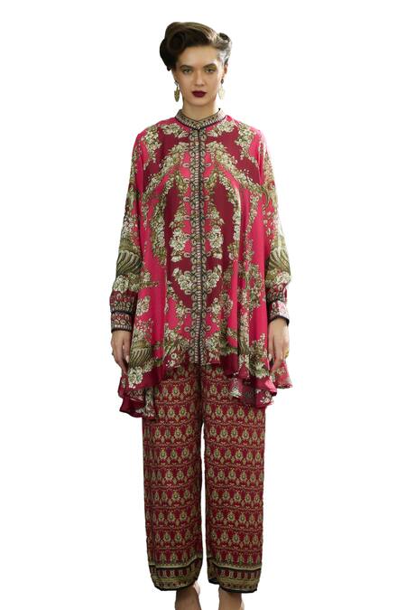 Rajdeep Ranawat_Fuchsia Silk, Modal, Satin Embroidery Nilofer Bloom Print Tunic And Pant Set _Online_at_Aza_Fashions