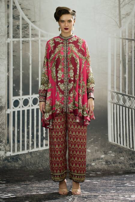 Buy_Rajdeep Ranawat_Fuchsia Silk, Modal, Satin Embroidery Nilofer Bloom Print Tunic And Pant Set _Online_at_Aza_Fashions