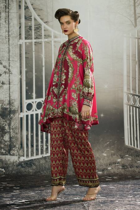 Shop_Rajdeep Ranawat_Fuchsia Silk, Modal, Satin Embroidery Nilofer Bloom Print Tunic And Pant Set _Online_at_Aza_Fashions