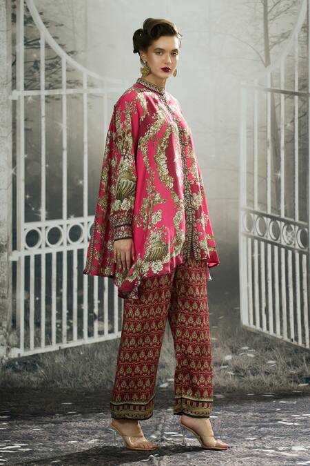 Rajdeep Ranawat_Fuchsia Silk, Modal, Satin Embroidery Nilofer Bloom Print Tunic And Pant Set _at_Aza_Fashions