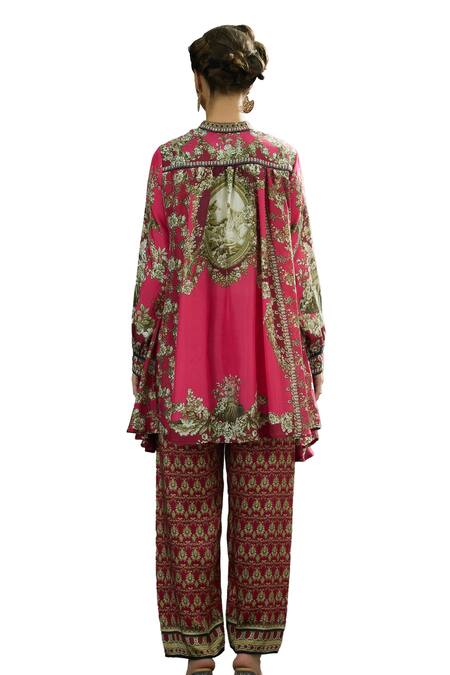 Buy_Rajdeep Ranawat_Fuchsia Silk, Modal, Satin Embroidery Nilofer Bloom Print Tunic And Pant Set 