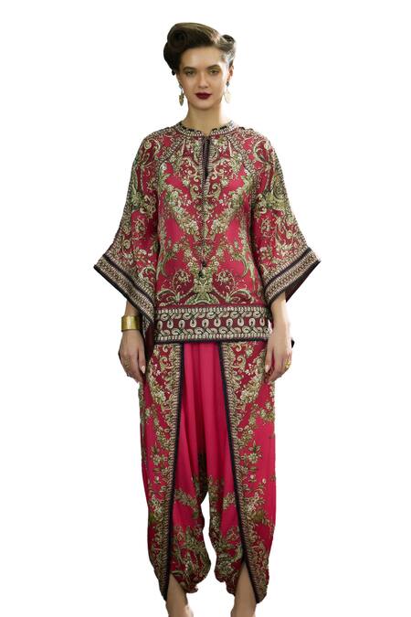 Rajdeep Ranawat_Fuchsia Silk, Modal Embroidery Mandarin Collar Floral Block Print Dhoti Set _Online_at_Aza_Fashions
