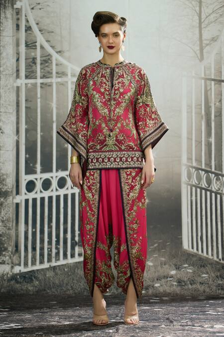 Buy_Rajdeep Ranawat_Fuchsia Silk, Modal Embroidery Mandarin Collar Floral Block Print Dhoti Set _Online_at_Aza_Fashions