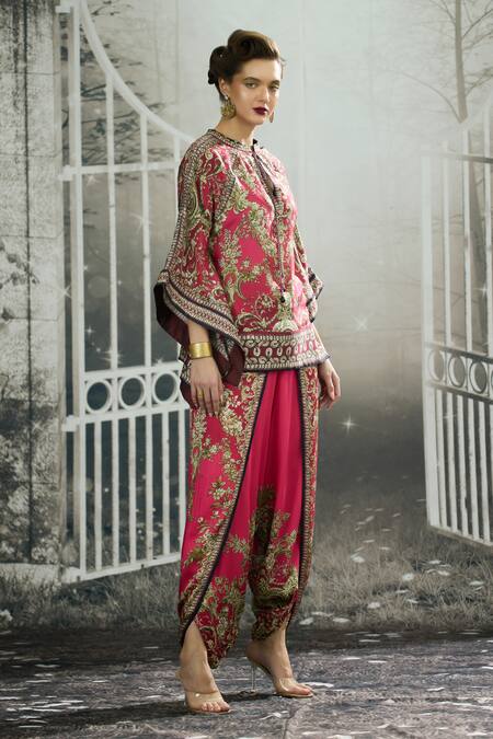 Shop_Rajdeep Ranawat_Fuchsia Silk, Modal Embroidery Mandarin Collar Floral Block Print Dhoti Set _Online_at_Aza_Fashions