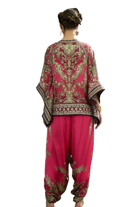 Rajdeep Ranawat_Fuchsia Silk, Modal Embroidery Mandarin Collar Floral Block Print Dhoti Set _at_Aza_Fashions