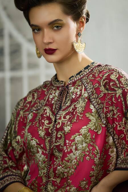 Buy_Rajdeep Ranawat_Fuchsia Silk, Modal Embroidery Mandarin Collar Floral Block Print Dhoti Set 