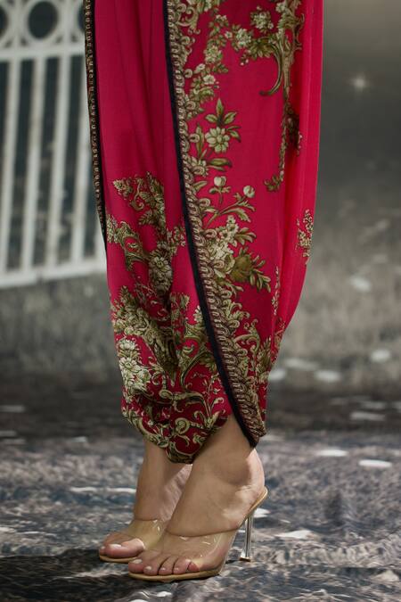 Shop_Rajdeep Ranawat_Fuchsia Silk, Modal Embroidery Mandarin Collar Floral Block Print Dhoti Set 