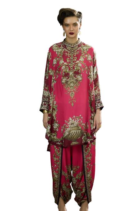 Rajdeep Ranawat Fuchsia Silk, Modal, Satin Mabel Floral Print Shirt Kurta And Dhoti Pant Set Online at Aza Fashions Rajdeep Ranawat_Fuchsia Silk, Modal, Satin Mabel Floral Print Shirt Kurta And Dhoti Pant Set _Online_at_Aza_Fashions