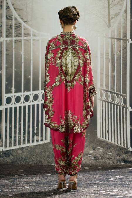 Rajdeep Ranawat Fuchsia Silk, Modal, Satin Mabel Floral Print Shirt Kurta And Dhoti Pant Set at Aza Fashions Rajdeep Ranawat_Fuchsia Silk, Modal, Satin Mabel Floral Print Shirt Kurta And Dhoti Pant Set _at_Aza_Fashions