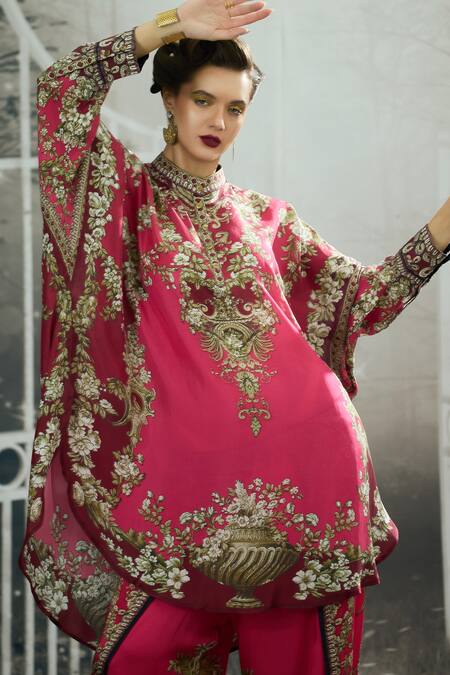 Buy Rajdeep Ranawat Fuchsia Silk, Modal, Satin Mabel Floral Print Shirt Kurta And Dhoti Pant Set Buy_Rajdeep Ranawat_Fuchsia Silk, Modal, Satin Mabel Floral Print Shirt Kurta And Dhoti Pant Set