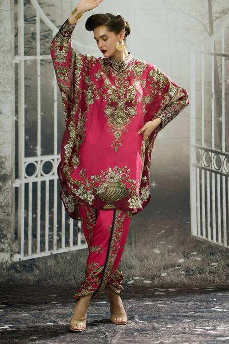 Shop Rajdeep Ranawat Fuchsia Silk, Modal, Satin Mabel Floral Print Shirt Kurta And Dhoti Pant Set Shop_Rajdeep Ranawat_Fuchsia Silk, Modal, Satin Mabel Floral Print Shirt Kurta And Dhoti Pant Set