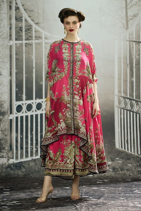 Rajdeep Ranawat Fuchsia Cape Silk Printed Floral Round Caprice And Draped Skirt Set 