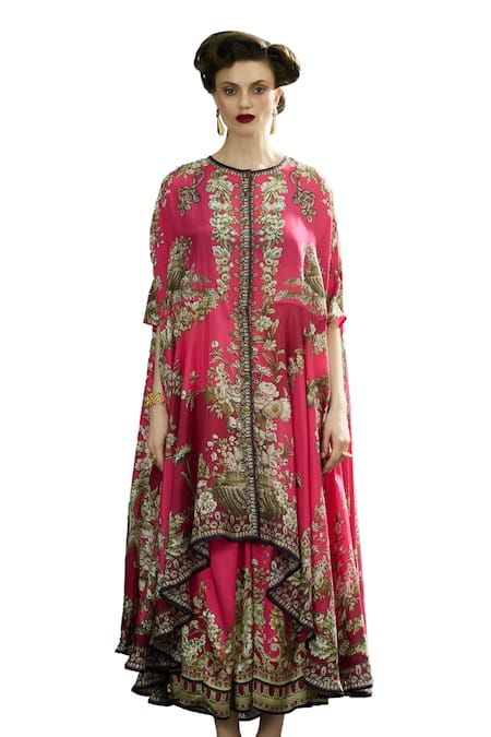 Rajdeep Ranawat_Fuchsia Modal, Satin Embroidery Caprice Printed Cape And Draped Skirt Set _Online_at_Aza_Fashions