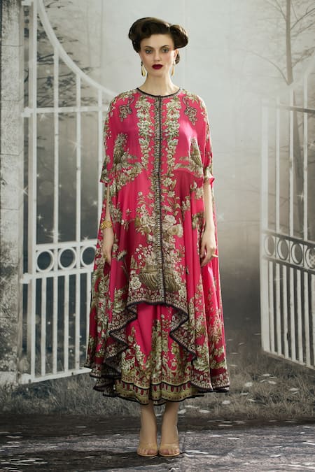 Buy_Rajdeep Ranawat_Fuchsia Modal, Satin Embroidery Caprice Printed Cape And Draped Skirt Set _Online_at_Aza_Fashions