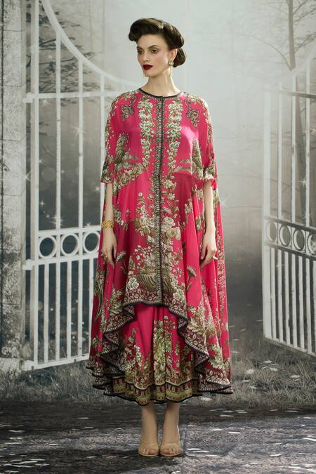 Shop_Rajdeep Ranawat_Fuchsia Modal, Satin Embroidery Caprice Printed Cape And Draped Skirt Set _Online_at_Aza_Fashions