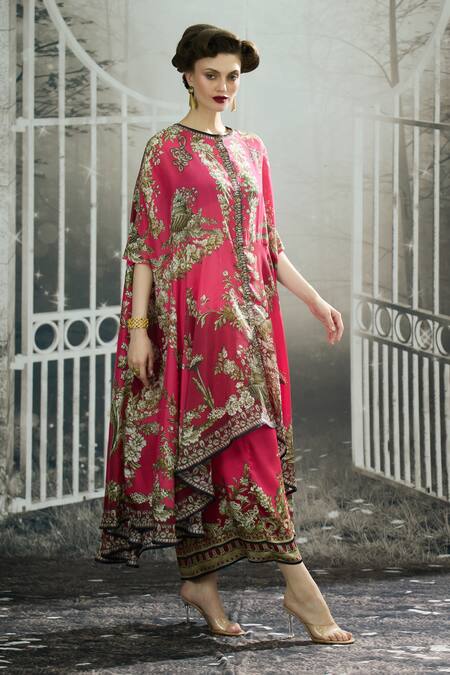 Rajdeep Ranawat_Fuchsia Modal, Satin Embroidery Caprice Printed Cape And Draped Skirt Set _at_Aza_Fashions