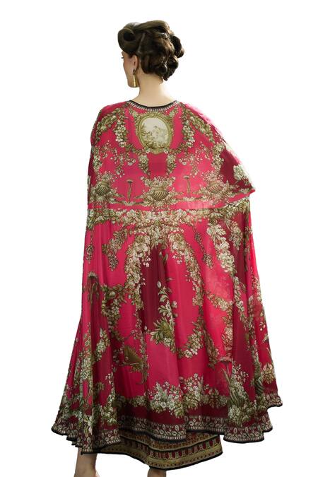 Buy_Rajdeep Ranawat_Fuchsia Modal, Satin Embroidery Caprice Printed Cape And Draped Skirt Set 