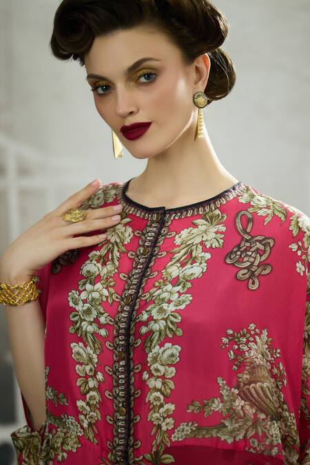 Shop_Rajdeep Ranawat_Fuchsia Modal, Satin Embroidery Caprice Printed Cape And Draped Skirt Set 
