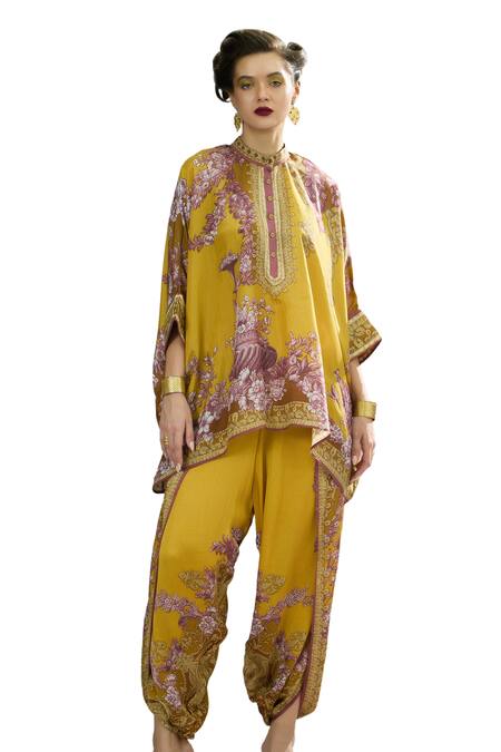 Buy_Rajdeep Ranawat_Yellow Silk, Modal, Satin Chanel Botanical Print Tunic And Dhoti Pant Set _Online_at_Aza_Fashions