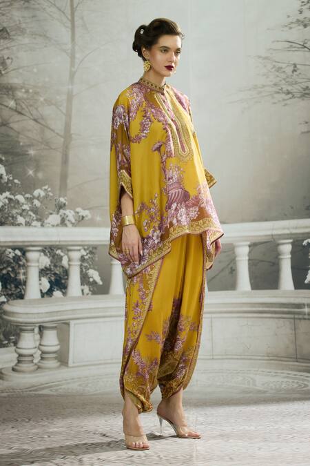 Shop_Rajdeep Ranawat_Yellow Silk, Modal, Satin Chanel Botanical Print Tunic And Dhoti Pant Set _Online_at_Aza_Fashions