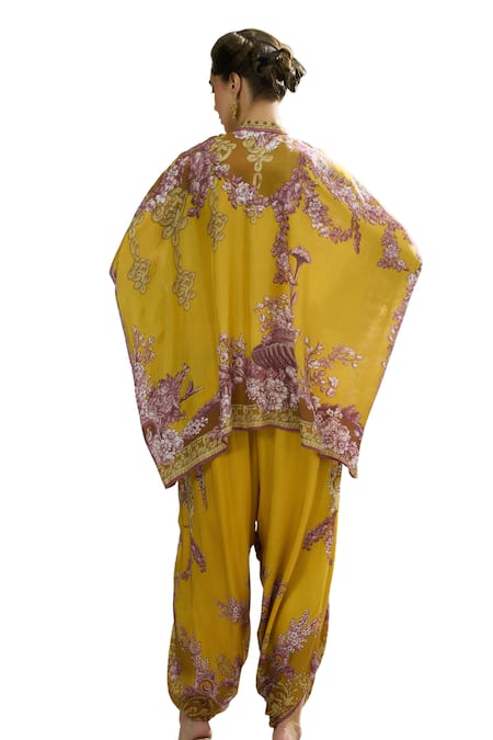 Rajdeep Ranawat_Yellow Silk, Modal, Satin Chanel Botanical Print Tunic And Dhoti Pant Set _at_Aza_Fashions