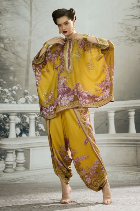 Shop_Rajdeep Ranawat_Yellow Silk, Modal, Satin Chanel Botanical Print Tunic And Dhoti Pant Set 