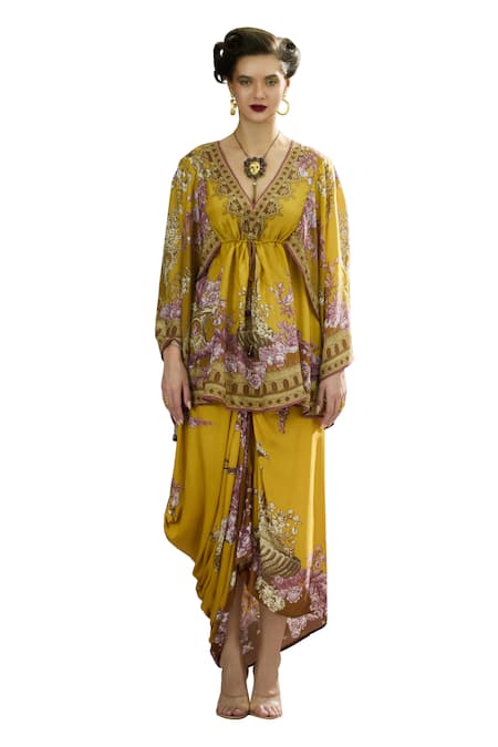 Rajdeep Ranawat_Yellow Silk, Modal, Satin Parma Printed Draped Kaftan Dress And Skirt Set _Online_at_Aza_Fashions