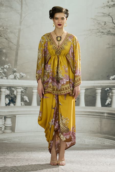 Buy_Rajdeep Ranawat_Yellow Silk, Modal, Satin Parma Printed Draped Kaftan Dress And Skirt Set _Online_at_Aza_Fashions