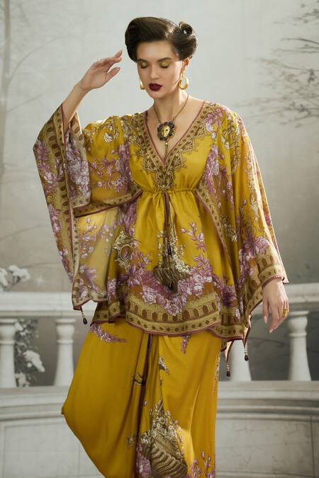 Buy_Rajdeep Ranawat_Yellow Silk, Modal, Satin Parma Printed Draped Kaftan Dress And Skirt Set 