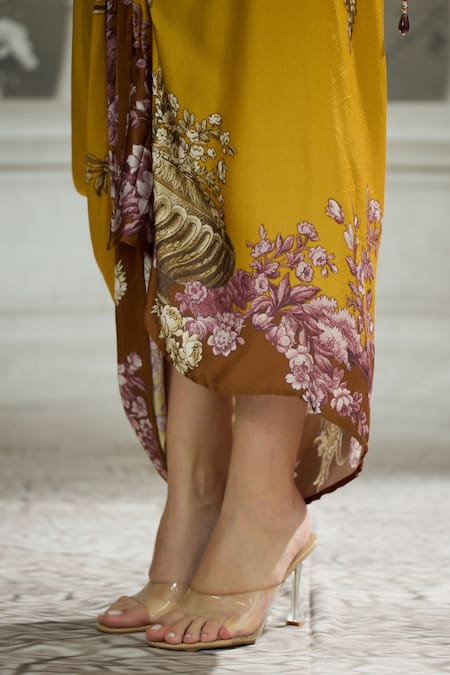 Shop_Rajdeep Ranawat_Yellow Silk, Modal, Satin Parma Printed Draped Kaftan Dress And Skirt Set 