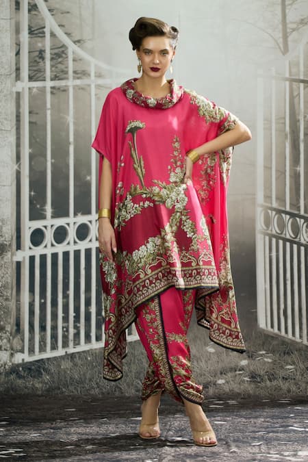 Rajdeep Ranawat Fuchsia Tunic Silk Block Printed Floral Cowl Lavanya Draped And Dhoti Pant Set 